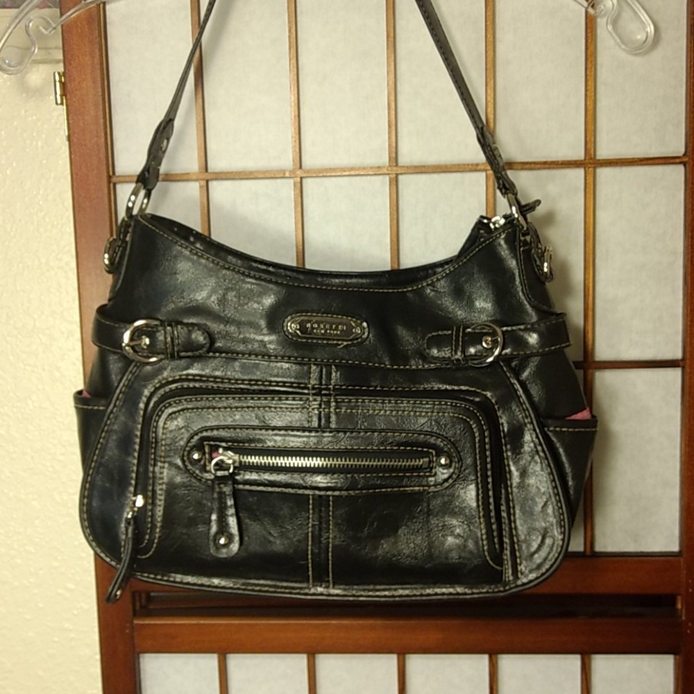 Rosetti purse, black faux leather, silver accents